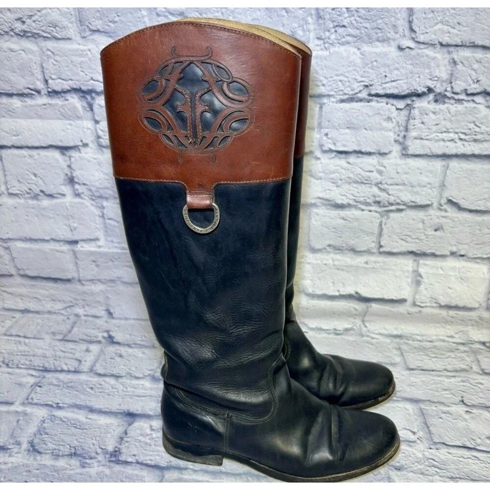 Frye Melissa Logo Black & Brown Leather Knee High Boots 76436 Women's 8